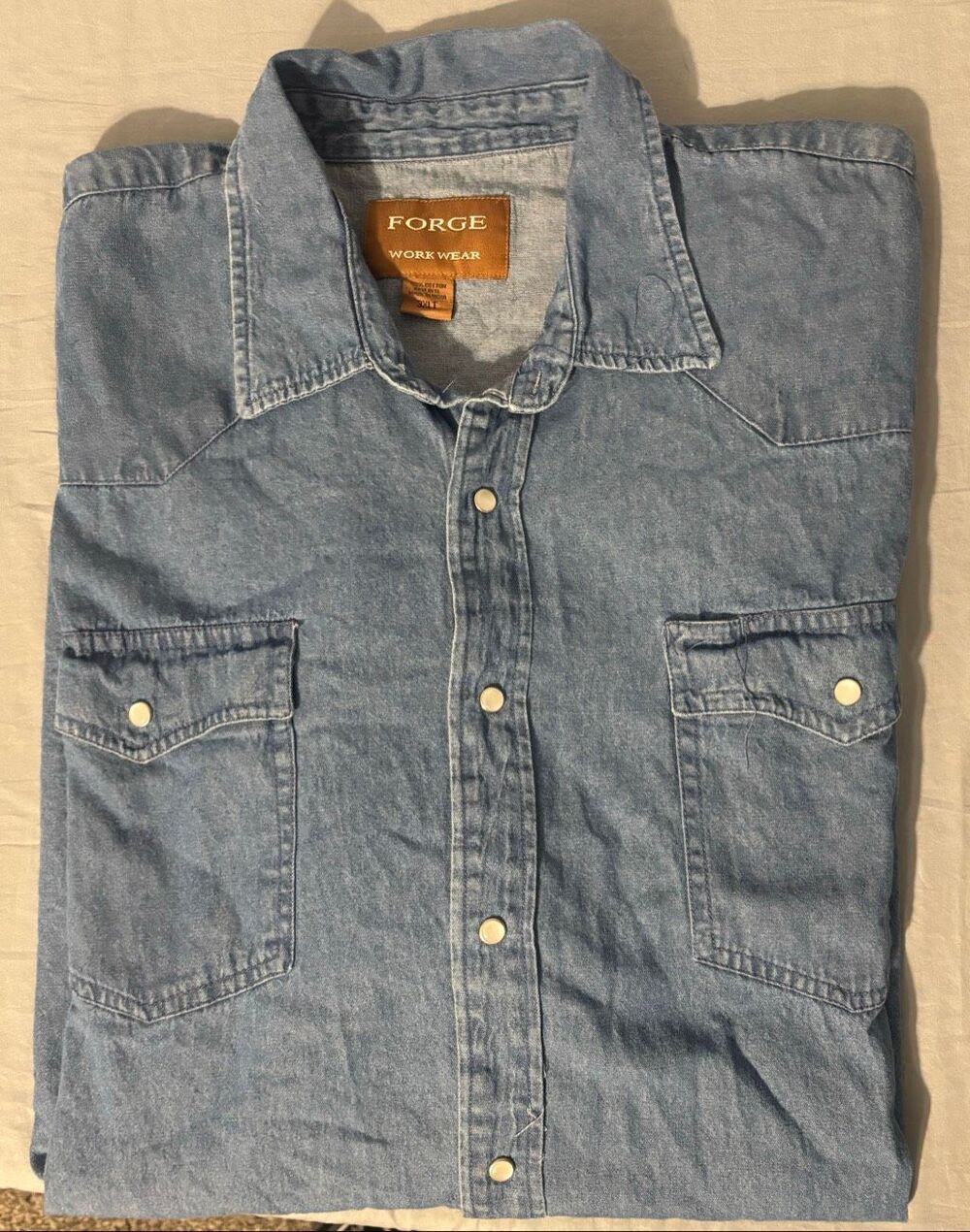 FORGE VTG MENS 3XLT DENIM LIGHT BLUE COTTON PEARL SNAP SHIRT SHORT SLEEVE